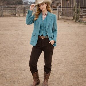 Country Craft Teal Cotton Corduroy Blazer Vest Set Vintage Western Size 7/8 S